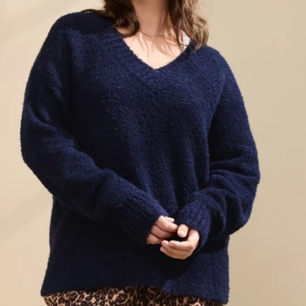 AERIE New Navy Blue Teddy Boucle Oversized V-Neck Longline Sweater SZ XL Wool